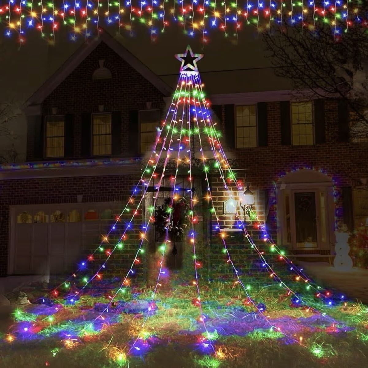 【新品】LED イルミネーション ライト ドレープライト ソーラー 防水 星型 350球 電飾 飾り 屋外 クリスマス カラフル拍卖