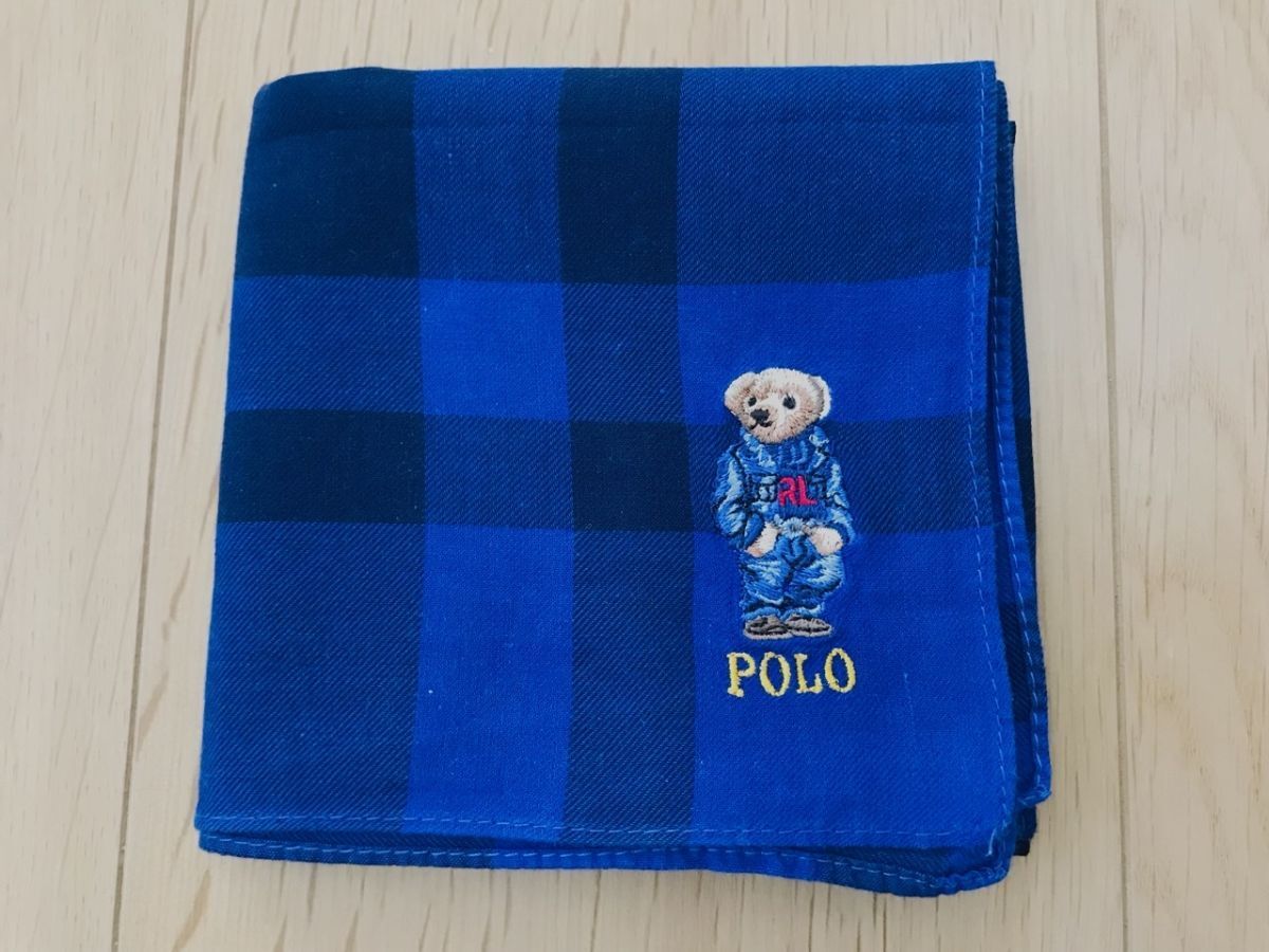 【美品】POLO ラルフローレン*ベア刺繍入りハンカチ*ブルー系拍卖