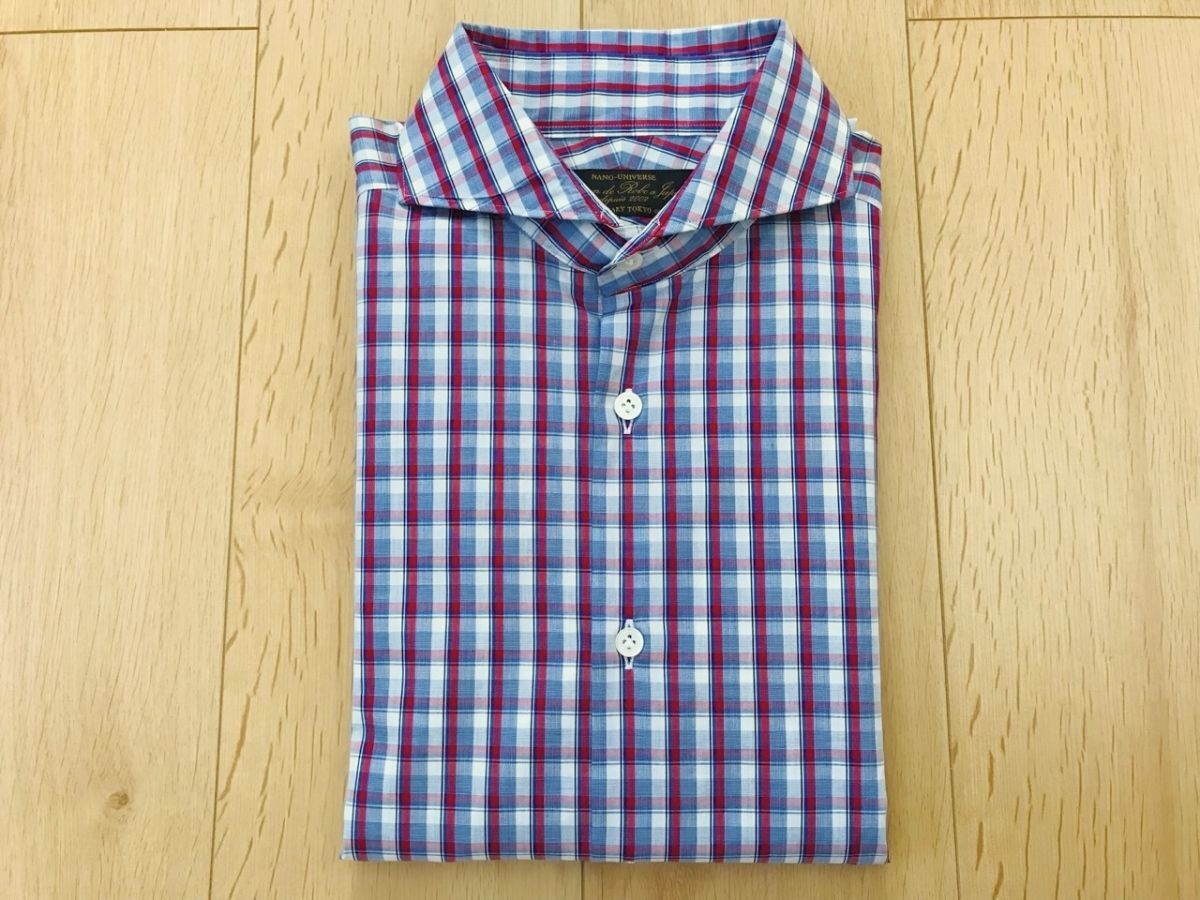 ナノユニバース*チェック柄ホリゾンカラーシャツ*赤白ブルー*48拍卖