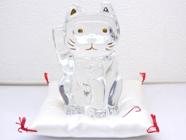Baccarat バカラ ■ クリスタルガラス 招き猫 まねき猫 ラッキーキャット クリア 置物 座布団付き□ 7J マエ100拍卖