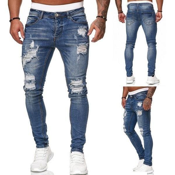 デニムパンツ ダメージ加工 ジーンズ メンズ ジーパン スリムパンツ クラッシュ スキニー ットデニム ダークブルー L拍卖