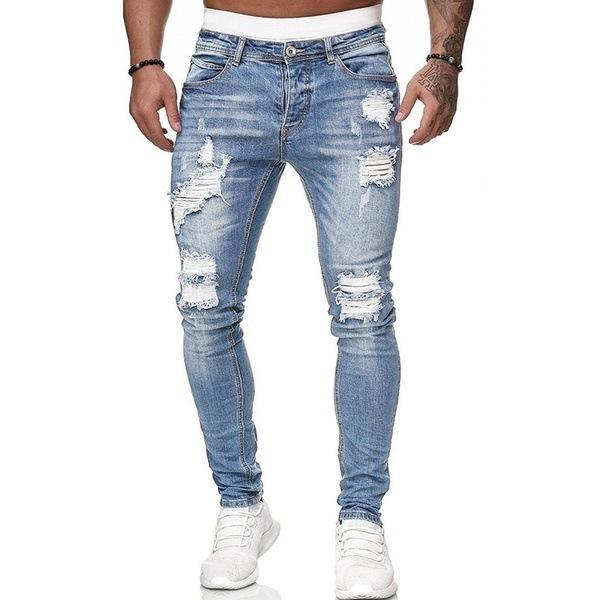 デニムパンツ ダメージ加工 ジーンズ メンズ ジーパン スリムパンツ クラッシュ スキニー ットデニム ライトブルー 2XL拍卖