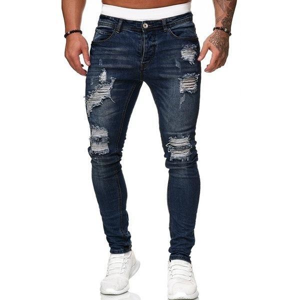 デニムパンツ ダメージ加工 ジーンズ メンズ ジーパン スリムパンツ クラッシュ スキニー ットデニム ブルー M拍卖