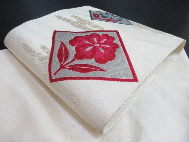 1円 中古 絹 化繊 開き名古屋帯 和装 和服 幾何学 草花 ヱ霞 お洒落 八寸帯 長さ331cm【夢職】★拍卖