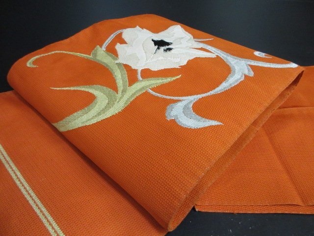 1円 中古 絹 化繊 開き名古屋帯 和装 和服 草花 お洒落 八寸帯 長さ337cm【夢職】★拍卖