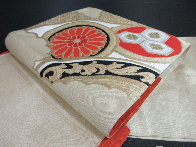 1円 中古 絹 化繊 開き名古屋帯 和装 和服 雲 亀甲 丸文 草花 縞 お洒落 八寸帯 長さ347cm【夢職】★拍卖