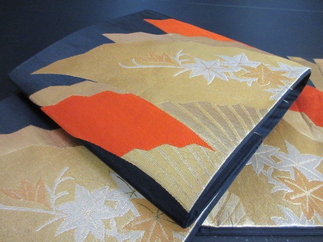 1円 良品 袋帯 正絹 和装 和服 扇子 紅葉 草花 お洒落 六通柄 長さ416cm【夢職】★拍卖