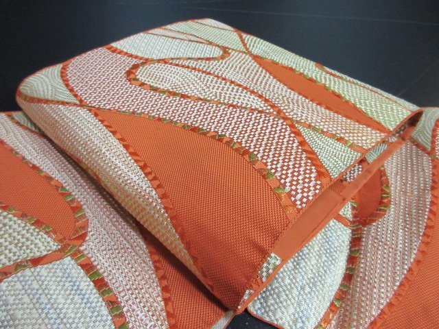1円 良品 絹 化繊 開き名古屋帯 和装 和服 幾何学抽象 お洒落 八寸帯 長さ343cm【夢職】★拍卖