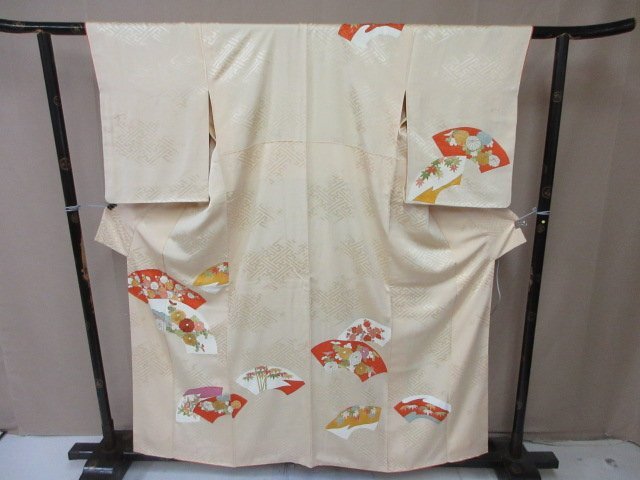 1円 中古 訪問着 正絹 着物 縮緬 式典 和装 和服 扇子 紗綾形文 草花 枝花 菊 橘 高級 袷 身丈147cm 裄64cm【夢職】★拍卖