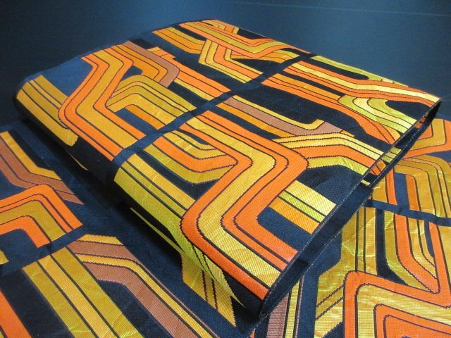 1円 中古 絹 化繊 開き名古屋帯 和装 和服 幾何学 抽象 お洒落 八寸帯 長さ362cm【夢職】★拍卖