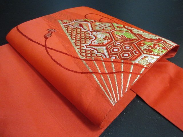 1円 中古 名古屋帯 正絹 和装 和服 扇子 亀甲 雲 草花 六通柄 九寸帯 長さ328cm【夢職】★拍卖
