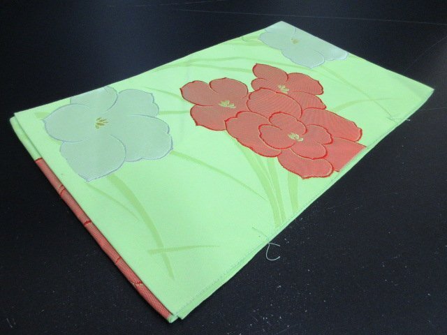 1円 良品 名古屋帯 正絹 未使用 和装 和服 アンティーク 草花 お洒落 高級【夢職】★拍卖