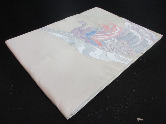 1円 中古 名古屋帯 正絹 未使用 和装 和服 アンティーク 孔雀 波 お洒落 高級【夢職】★拍卖