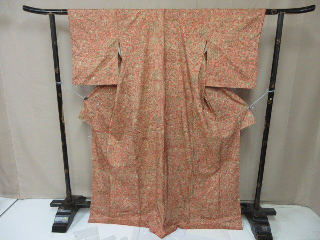 1円 中古 小紋 正絹 着物 縮緬 和服 和服 アンティーク レトロ オリエンタル 壁画風 草花 お洒落 高級 袷 身丈161cm 裄63cm【夢職】★拍卖