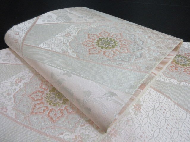 1円 中古 袋帯 正絹 和装 和服 花絵皿 花唐草 七宝繋ぎ 草花 お洒落 六通柄 長さ420cm【夢職】★拍卖