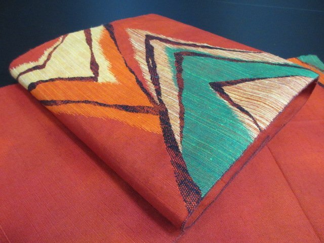 1円 中古 絹 化繊 開き名古屋帯 和装 和服 幾何学 抽象 八寸帯 高級 長さ355cm【夢職】★拍卖