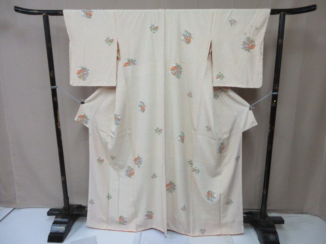 1円 中古 小紋 正絹 着物 縮緬 和服 和服 アンティーク 地紙 大小あられ 草花 雲 お洒落 高級 袷 身丈156cm 裄64cm【夢職】★拍卖