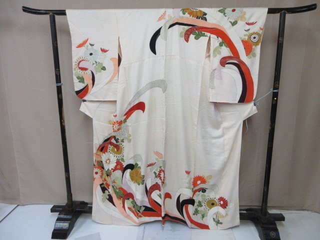 1円 中古 訪問着 正絹 着物 縮緬 式典 和装 和服 アンティーク レトロ 波 草花 葉 高級 袷 身丈152cm 裄65cm【夢職】★拍卖