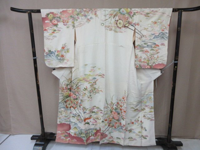 1円 中古 訪問着 正絹 着物 縮緬 式典 和装 和服 アンティーク レトロ 花車 草花 遠山 雲 流水 高級 袷 身丈146cm 裄64cm【夢職】★拍卖