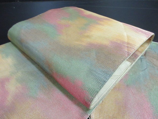 1円 良品 絹 化繊 開き名古屋帯 和装 和服 グラデーション 幾何学 抽象 八寸帯 高級 長さ374cm【夢職】★拍卖