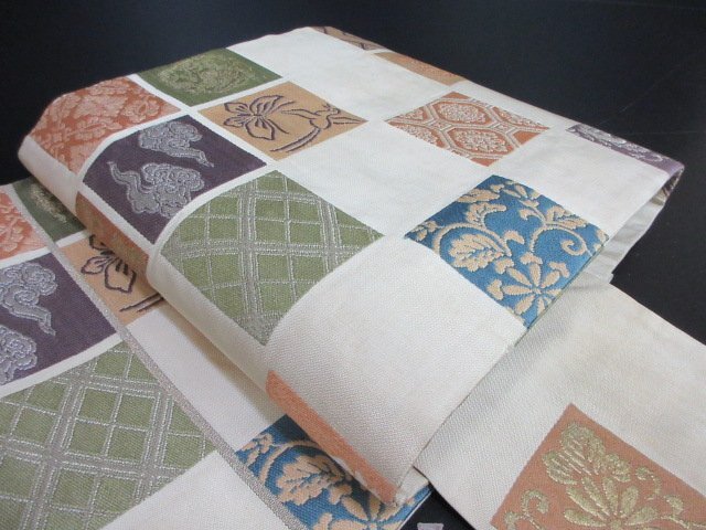 1円 中古 名古屋帯 正絹 和装 和服 草花 唐草 蜀江 菱 雲 鳥 六通柄 九寸帯 長さ336cm【夢職】★拍卖