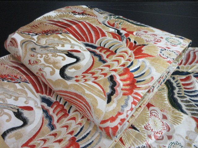 1円 中古 袋帯 正絹 和装 和服 リバーシブル 飛鶴 波 草花 花柄 お洒落 六通柄 長さ404cm【夢職】★拍卖