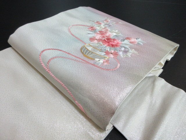 1円 良品 名古屋帯 正絹 和装 和服 花瓶 草花 枝花 刺繍 太鼓柄 九寸帯 長さ365cm【夢職】★拍卖