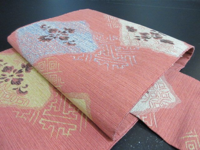 1円 中古 名古屋帯 正絹 和装 和服 紗綾形文 地紙 草花 花柄 七宝繋ぎ 六通柄 九寸帯 長さ322cm【夢職】★拍卖