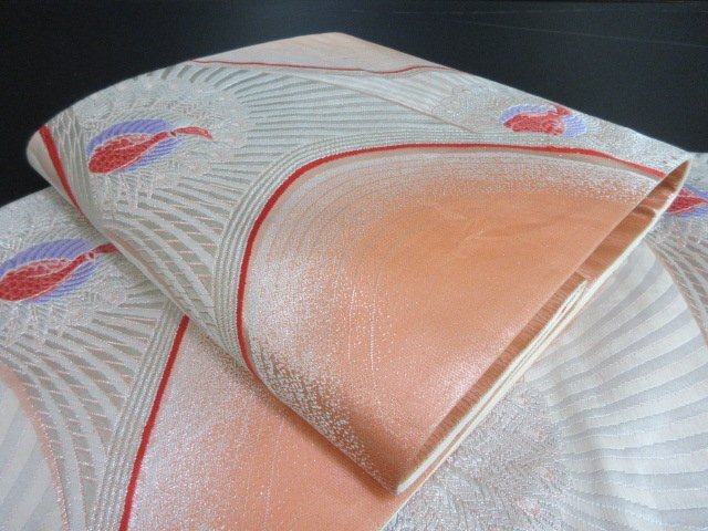 1円 良品 袋帯 正絹 和装 和服 孔雀 幾何学 刺繍 お洒落 六通柄 長さ428cm【夢職】★拍卖