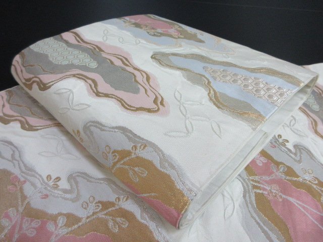 1円 中古 袋帯 正絹 和装 和服 亀甲 枝花 草花 幾何学抽象 お洒落 六通柄 長さ404cm【夢職】★拍卖