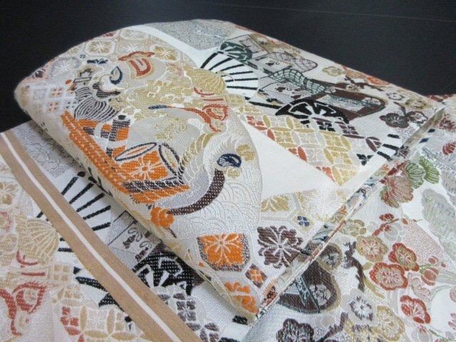 1円 良品 袋帯 正絹 和装 和服 リバーシブル 御所車 扇子 打ち出の小槌 花柄 お洒落 六通柄 長さ446cm【夢職】★拍卖