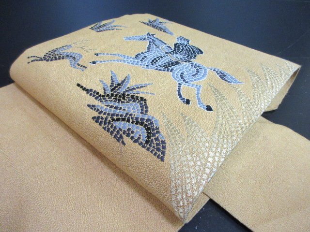 1円 中古 名古屋帯 正絹 和装 和服 馬 狩猟文 草花 六通柄 九寸帯 長さ329cm【夢職】★拍卖