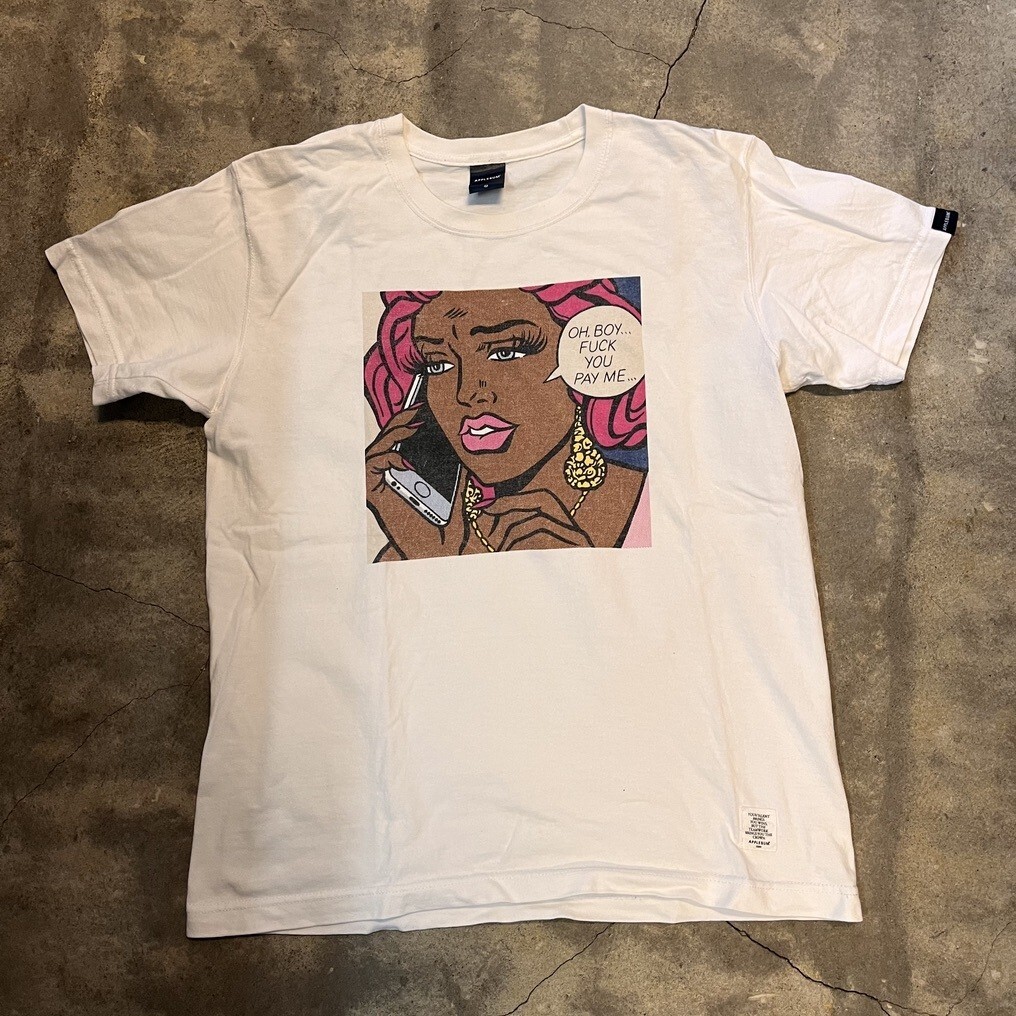 APPLEBUM アップルバム プリントTシャツ 半袖 丸首 アメコミ イラスト ポップアート コットン100% ホワイト メンズM モノクロ ストリート拍卖