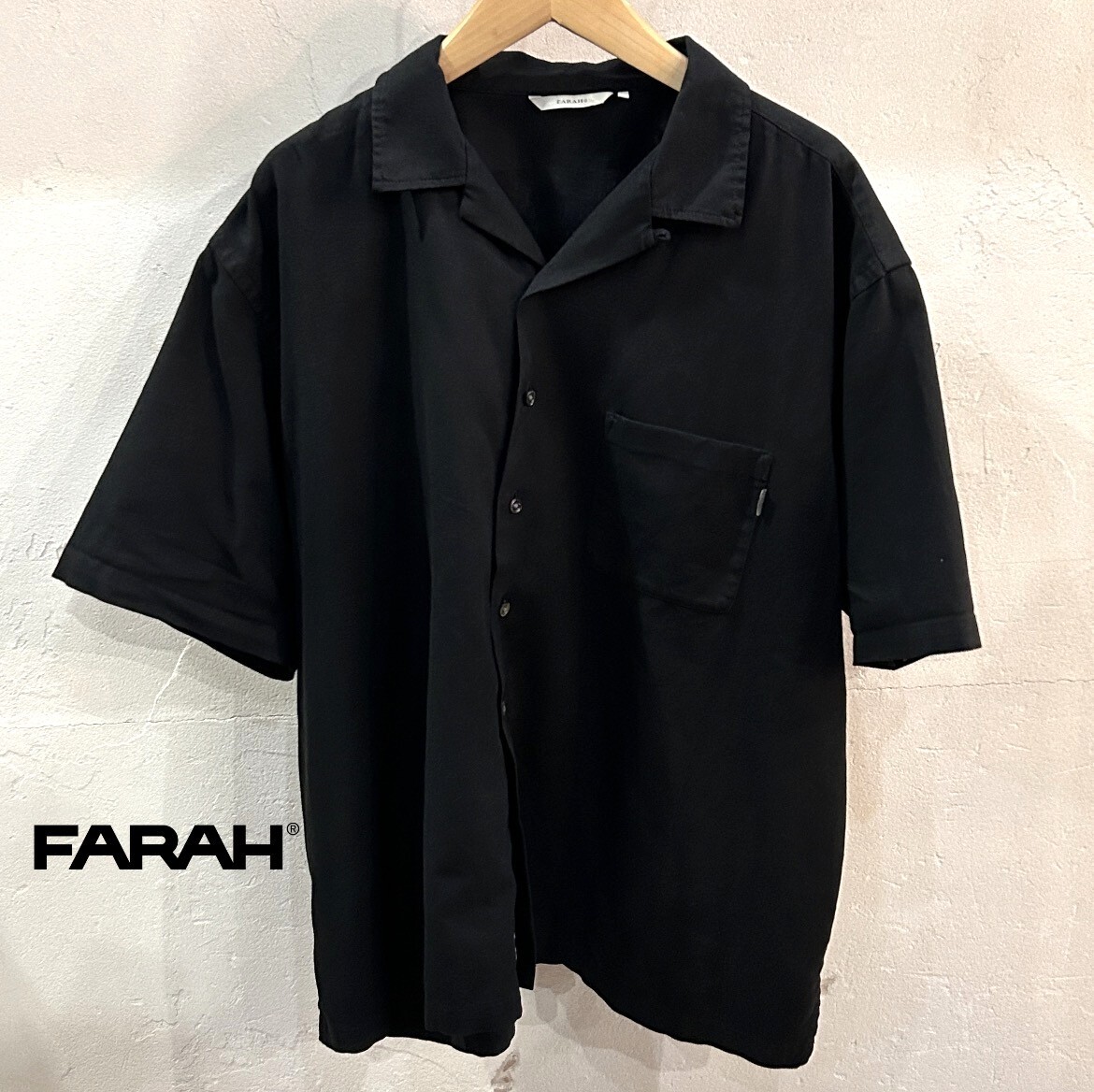 新品同様! FARAH / ファーラー FR0501-M2005 OPEN COLLAR SHIRT オープンカラーシャツ リネンコットン ブラック メンズ XLサイズ USED拍卖