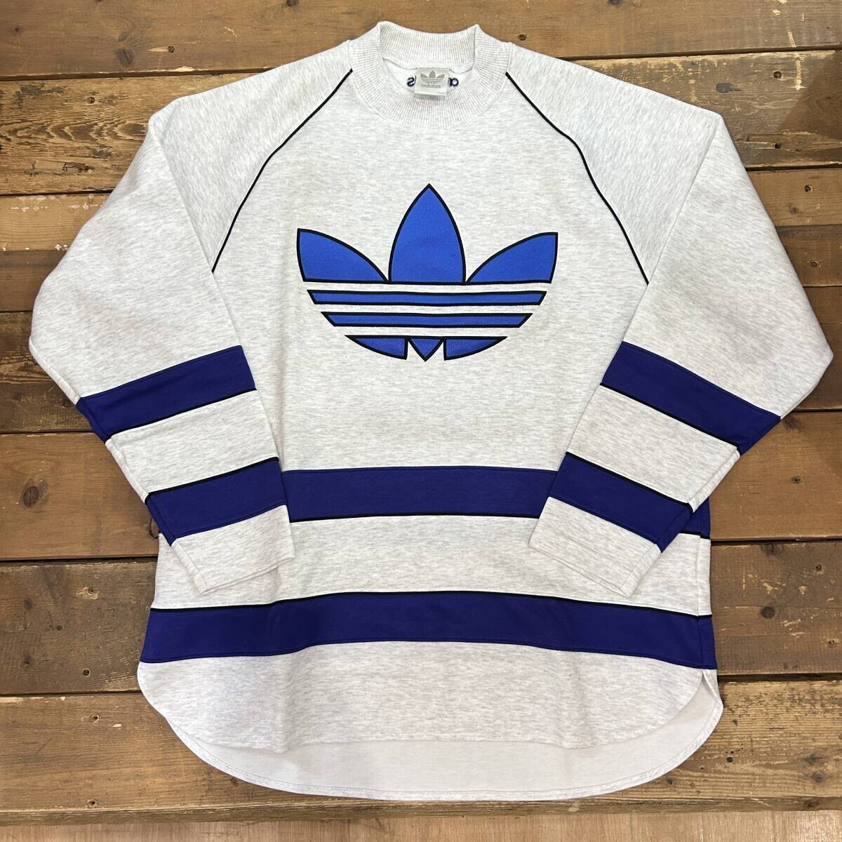 00S ADIDAS / アディダス トレフォイル刺繍 トレーナー スウェット ホワイト系 メンズ Lサイズ デサント製 ブルー used拍卖