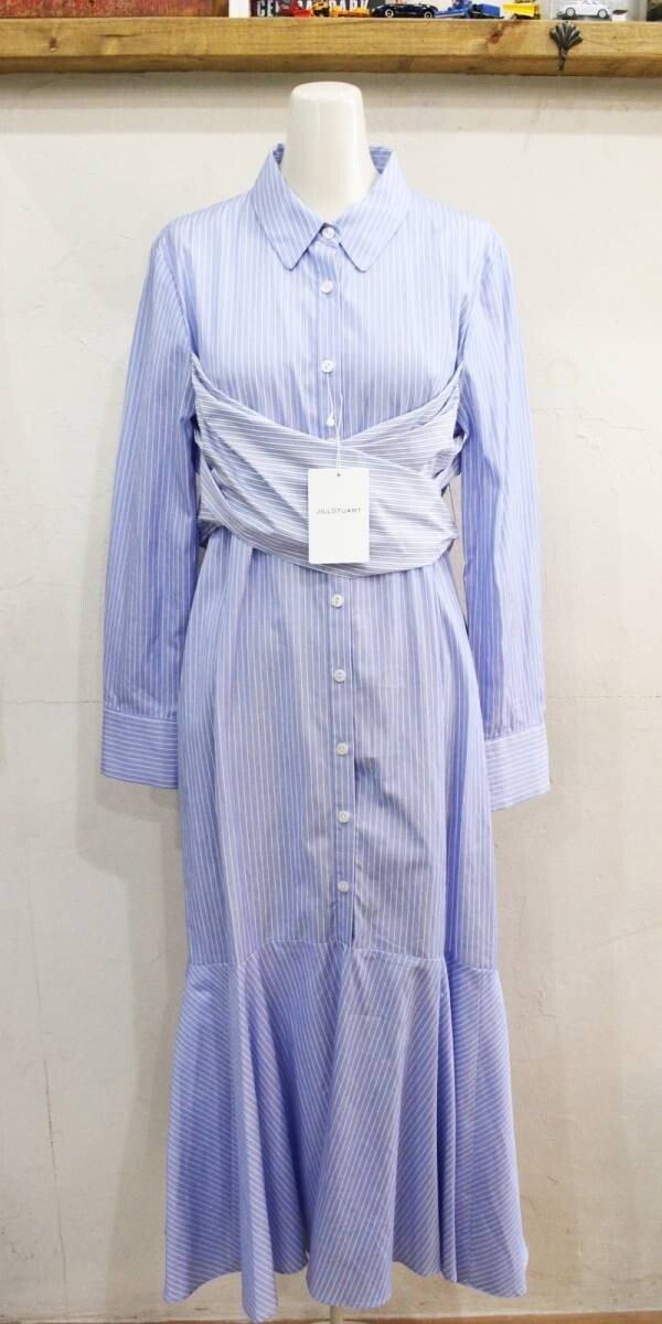 T36★試着のみ!! JILL STUART/ジルスチュアート イブストライプ シャツワンピース ブルー サイズ4 レディース ペチ付き★拍卖