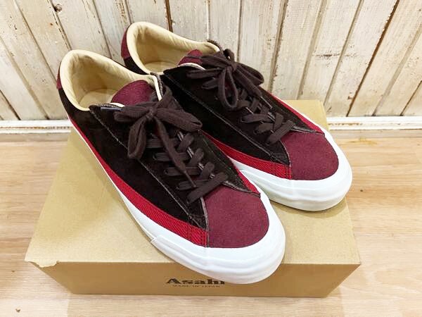 J98★クラシック Asahi/アサヒ レトロ BELTED LOW SUEDE M020 スウェードローカットスニーカー ブラウン×レッド 25.5cm made in Japan★拍卖