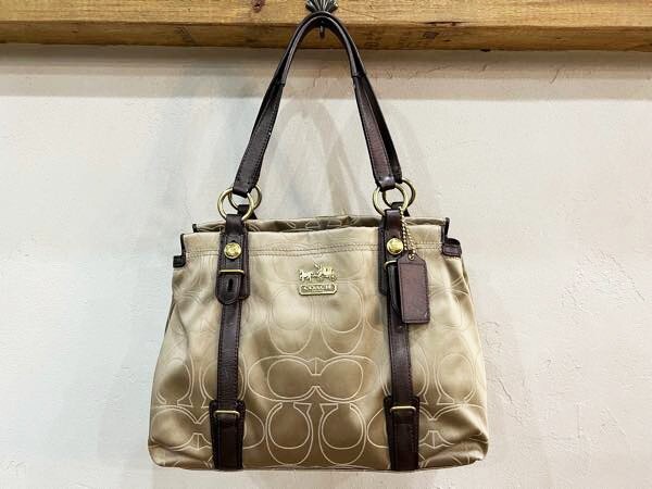★良品!!COACH/コーチ シグネチャー サテンキャンバス レザー ミア 15402 ハンドバッグ シャンパンゴールド×ブラウンレディース カバン★拍卖