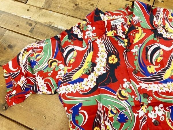 C39★WAREHOUSE/ウェアハウス 総柄アロハシャツ メンズ 半袖シャツ 開襟シャツ レッド系 マリン&フラワー柄 USED ★拍卖