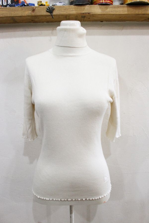 4072★BURBERRY/バーバリーロンドン シルクカシミア混 リブタートル トップス 刺繍 プチハイネックインナー 半袖 ベージュ サイズ1 ★拍卖