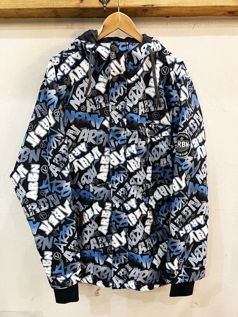 W26★ARBN/エアボーン 総ロゴプリントメンズスノボウェア スノーボード ジャケット パウダーガード ブラック×ブルー系 LL サイズ USED★拍卖
