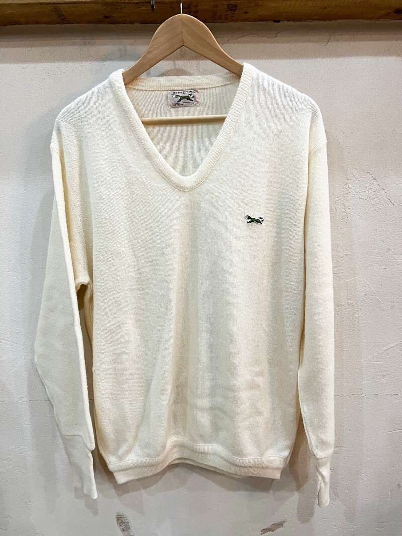 ★Made in USA★JC Penney/ジェイシーペニー The Fox Sweater 80's Vネック スクールセーター オフホワイト L フォックス ワンポイント ★拍卖