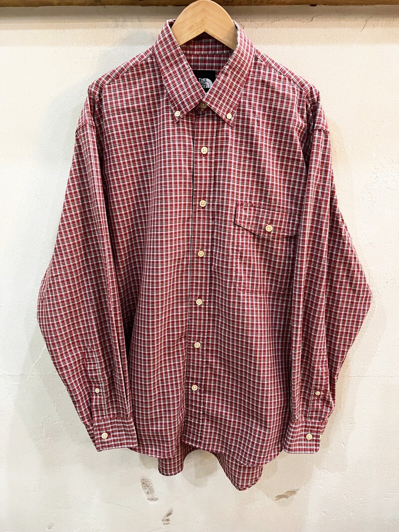 D74★THE NORTH FACE/ノースフェイス ボタンダウンチェックポケット付きシャツ 長袖シャツ レッド系 メンズ Lサイズ アウトドア USED ★拍卖