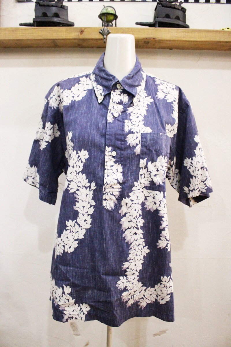 W7★東洋 SUNSURF FIRE LAND/サンサーフ リーフ柄 プルオーバー アロハシャツ 半袖シャツ アロハ ネイビー S(14-14 1/2) メンズサイズ ★拍卖