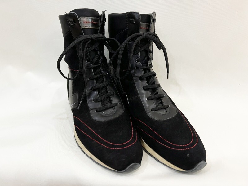 Salvatore Ferragamo/サルヴァトーレフェラガモ ハイカット スウェード スニーカー ブラック レディース サイズ7 靴 ハイブランド ブーツ拍卖