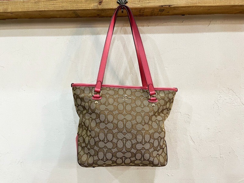 ☆COACH/コーチ シグネチャー ジップ トートバッグ F58282 ブラウン×ピンク レディース 古着 used☆拍卖