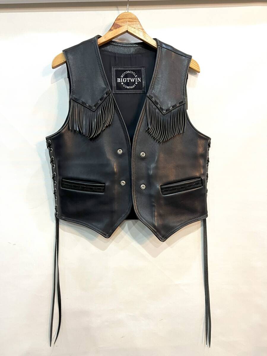 X3★BIG TWIN/ビッグツイン サイドレースアップレザーベスト フリンジベスト レザー 革ベスト ブラック バイク バイカーベスト★拍卖