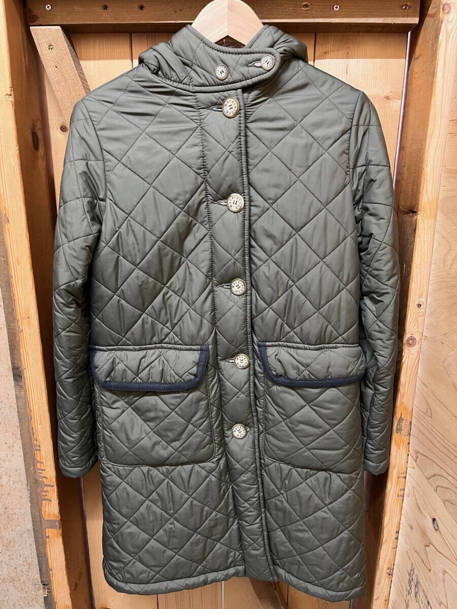 MACKINTOSH SCOTLAND マッキントッシュスコットランド キルティングコート 英国製 フェイクファー ミドル丈 カーキ フードあり サイズ36拍卖