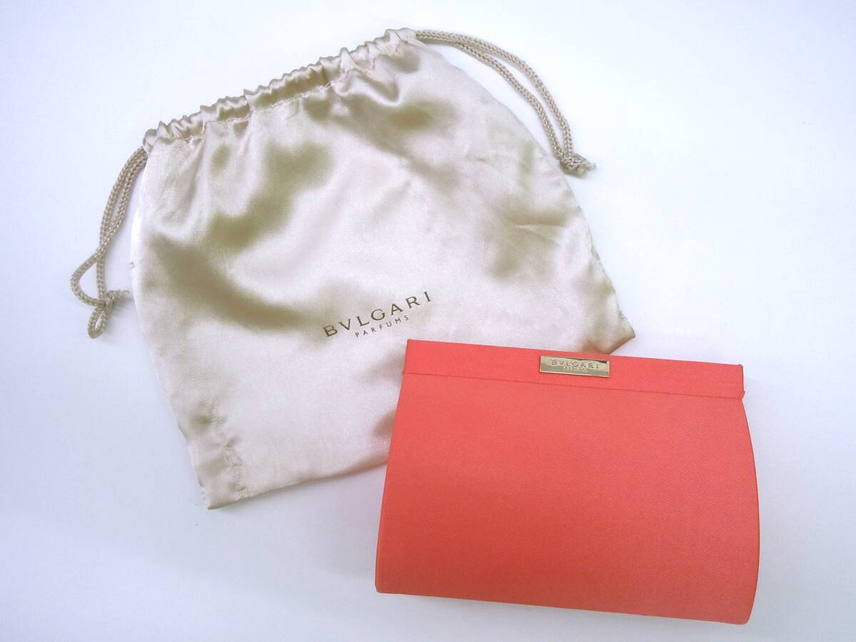 6989 ブランド祭 ブルガリ ロゴ メイクポーチ 巾着付き コーラルピンク 系 現状品 小物入れ クラッチ バッグ レディース BVLGARI ミニ拍卖