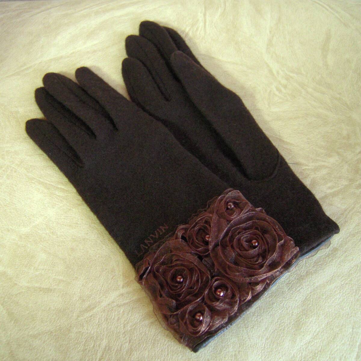 LANVIN ランバン ウール グローブ 手袋 レース ダークブラウン サイズMーL程度拍卖